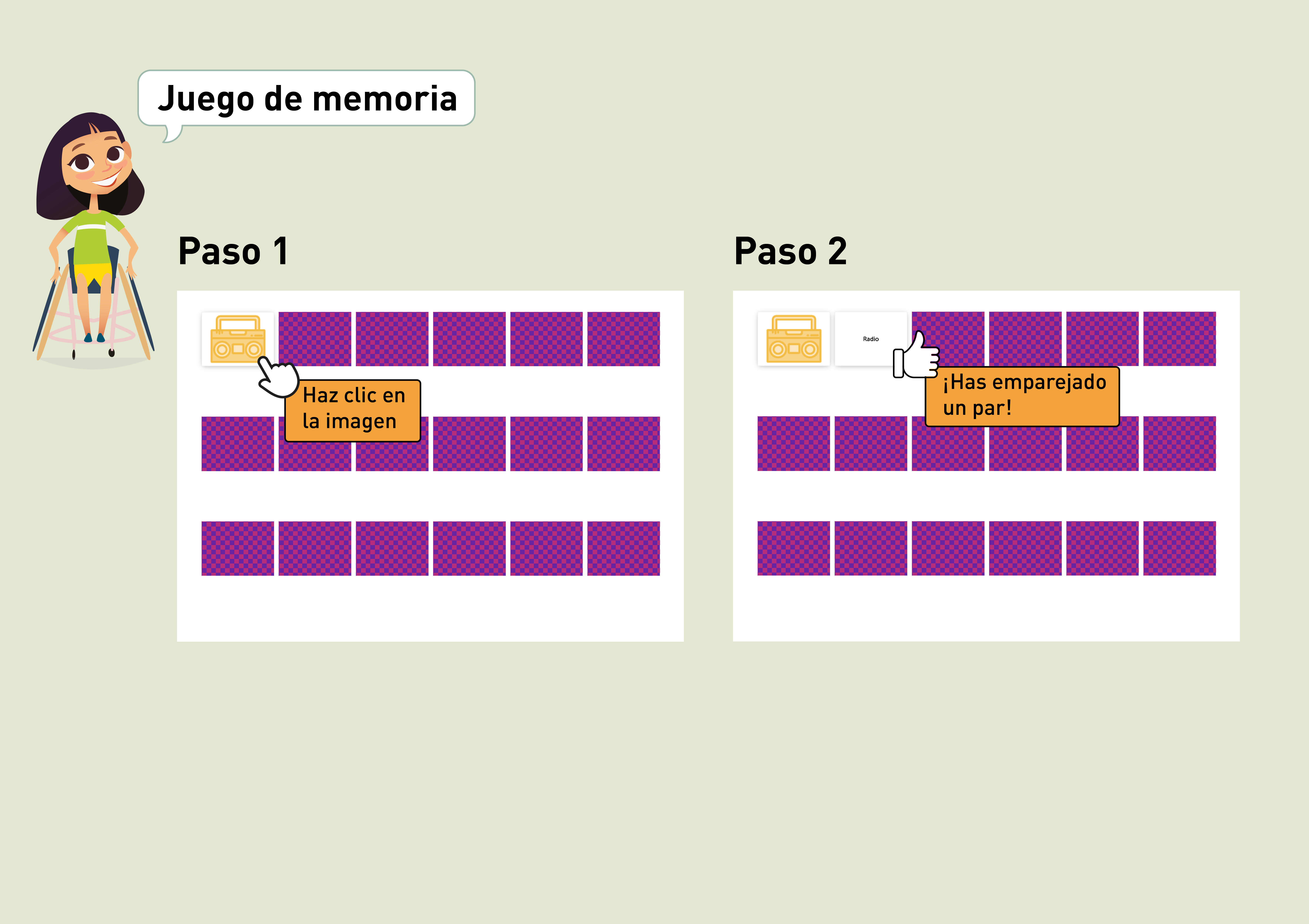 Instrucciones sobre cómo jugar el juego de memoria -- paso 1 - Seleccione una tarjeta -- paso 2 - ¡Emparejaste un par!